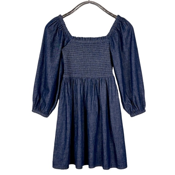 J. CREW BG118 COTTON CHAMBRAY DENIM BLUE SMOCKED PUFF SLEEVE MINI DRESS - Picture 5 of 15